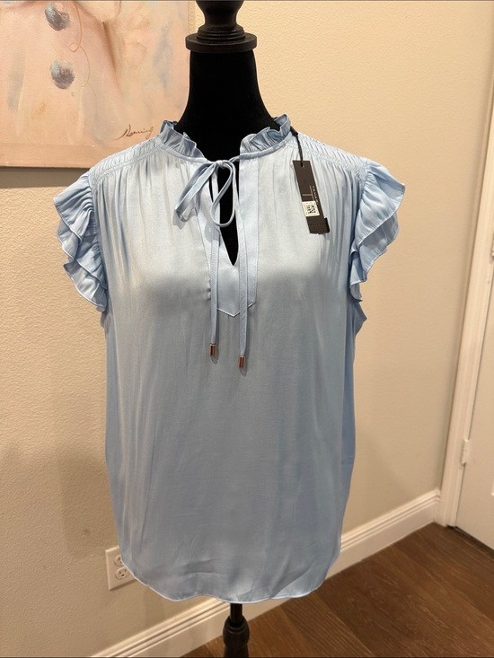 T Tahari Tops - T Tahari Light Blue Tie-Neck Ruffle Sleeve Blouse
